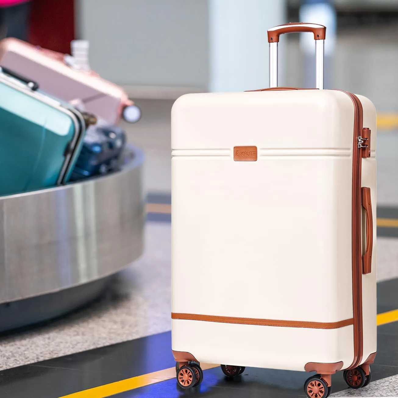 Krute Checked Luggage 24 inch Suitcases with Wheels TSA Approved PC ABS Lightweight Hard Side Suitcase (WhiteBrown)