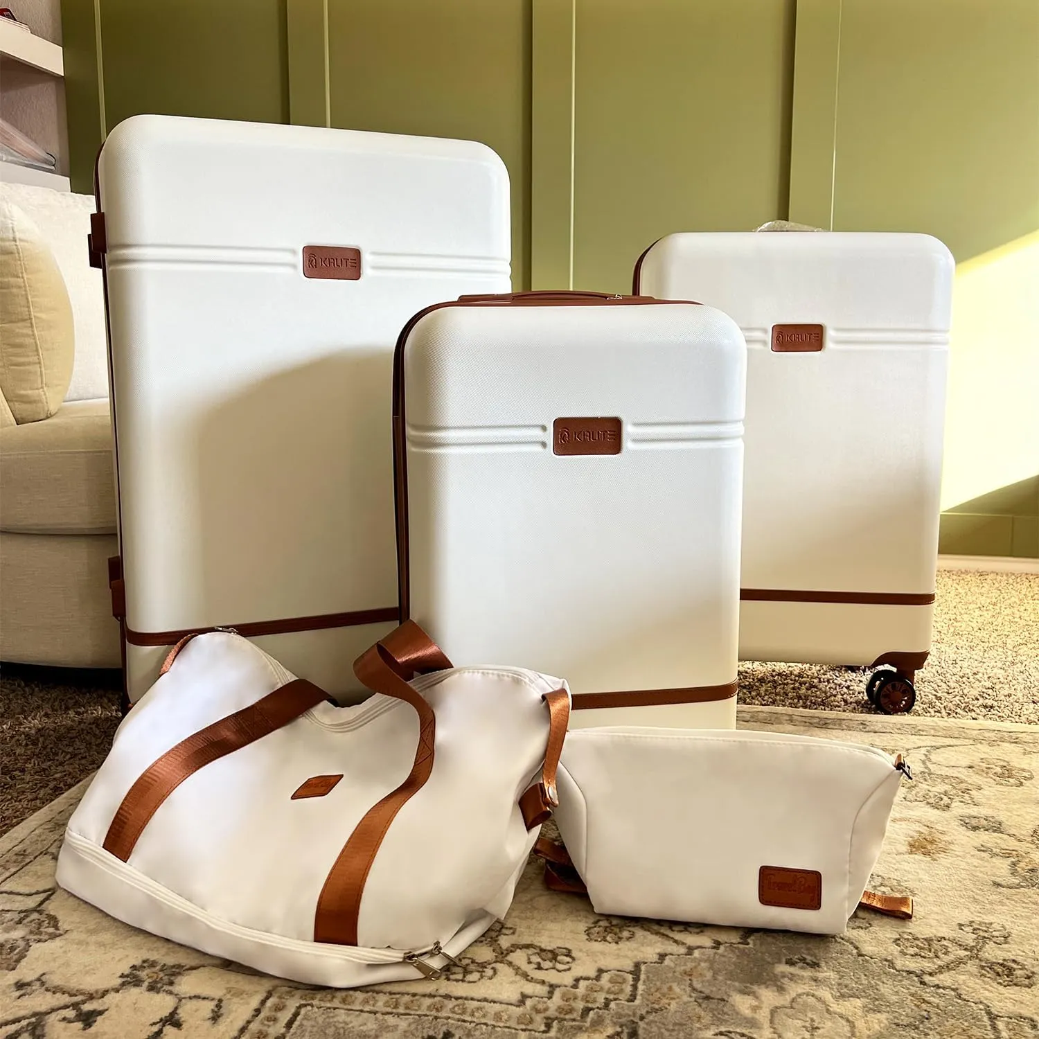 Krute Checked Luggage 24 inch Suitcases with Wheels TSA Approved PC ABS Lightweight Hard Side Suitcase (WhiteBrown)