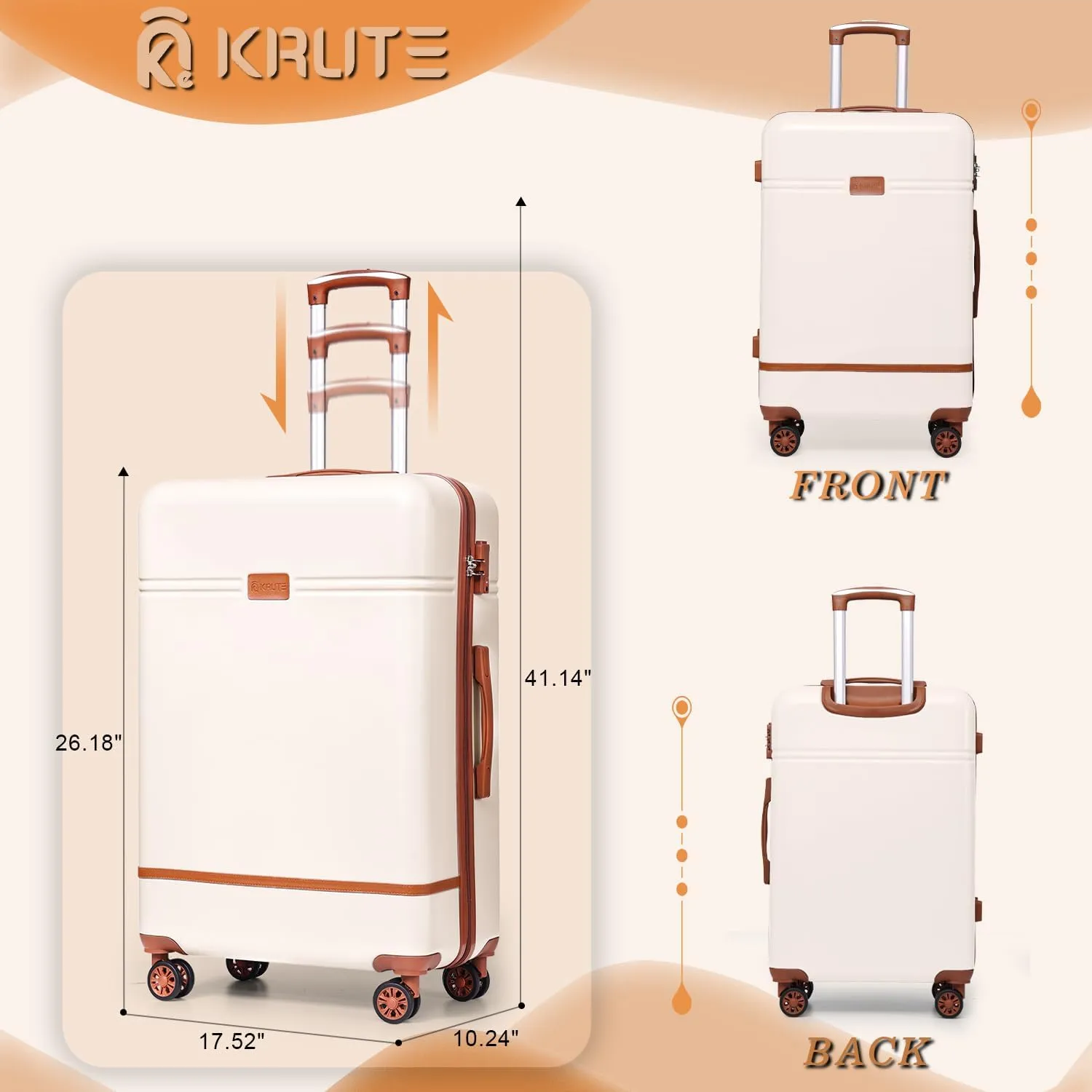 Krute Checked Luggage 24 inch Suitcases with Wheels TSA Approved PC ABS Lightweight Hard Side Suitcase (WhiteBrown)