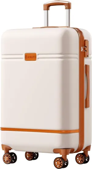 Krute Checked Luggage 24 inch Suitcases with Wheels TSA Approved PC ABS Lightweight Hard Side Suitcase (WhiteBrown)