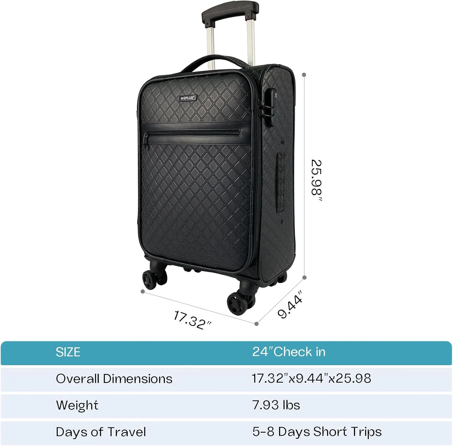 KYME 24 Inch Suitcases Luggage,PU Leather Softside Suitcase with Double Spinner Wheels, Black
