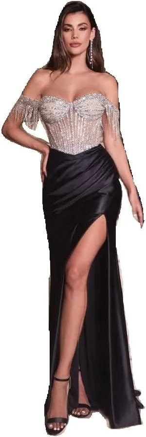 LA Divine CD821 Embellished Off The Shoulder Satin Gown - Black