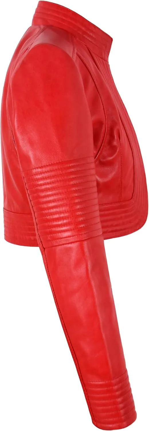 Ladies Elegant Look Real Leather Red Cropped Shrug Bolero Slim-Fit Jacket Ashley 9181