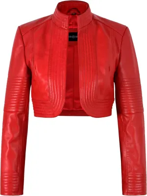 Ladies Elegant Look Real Leather Red Cropped Shrug Bolero Slim-Fit Jacket Ashley 9181