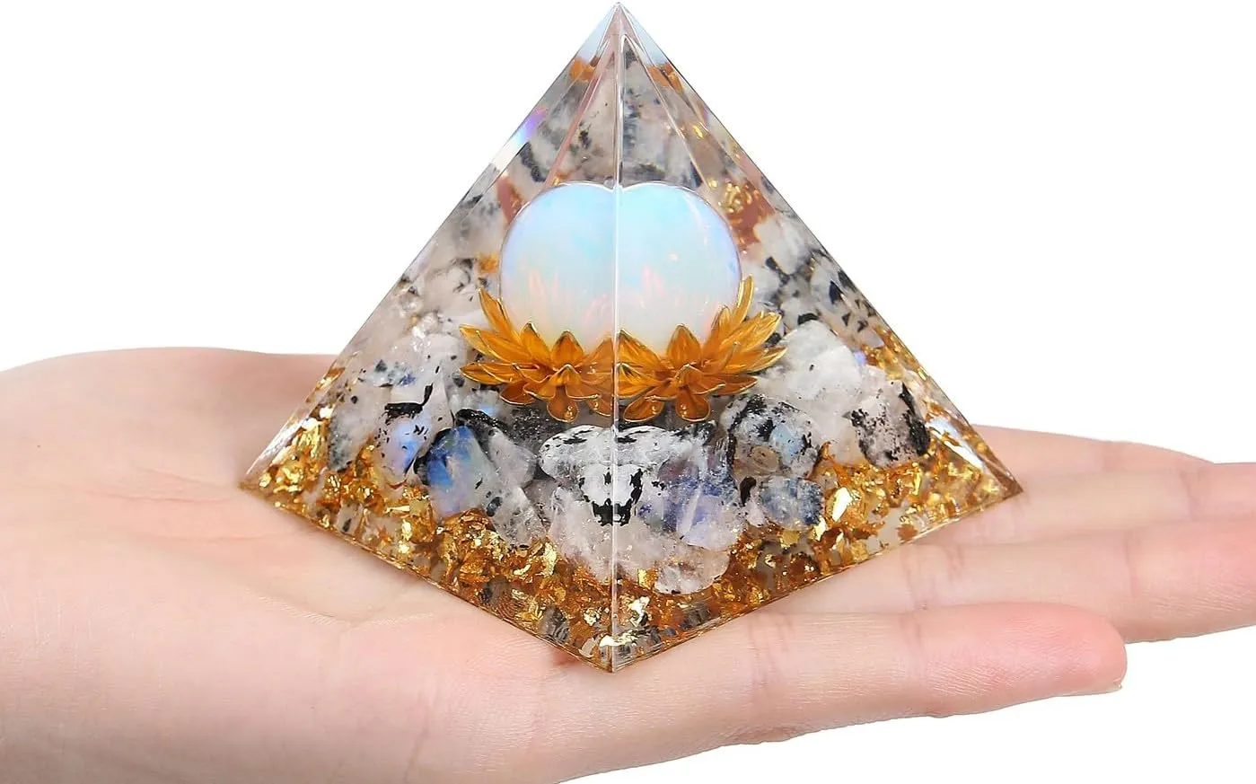 LAIDANLA Rainbow Moonstone Orgone Pyramid Healing Crystals Orgonite Pyramid Flower of Life Positive Energy Spiritual Reiki Gemstone Pyramid for Anti-Stress Inspirational Attracts Success Decor Gifts
