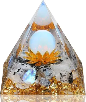 LAIDANLA Rainbow Moonstone Orgone Pyramid Healing Crystals Orgonite Pyramid Flower of Life Positive Energy Spiritual Reiki Gemstone Pyramid for Anti-Stress Inspirational Attracts Success Decor Gifts