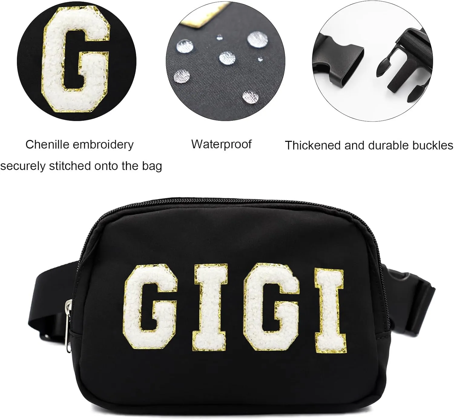 Lamyba Mothers Day Gifts for Gigi, Waterproof Adjustable Fanny Pack for Women, GIGI Gifts for Grandma Crossbody Waist Bag, Black