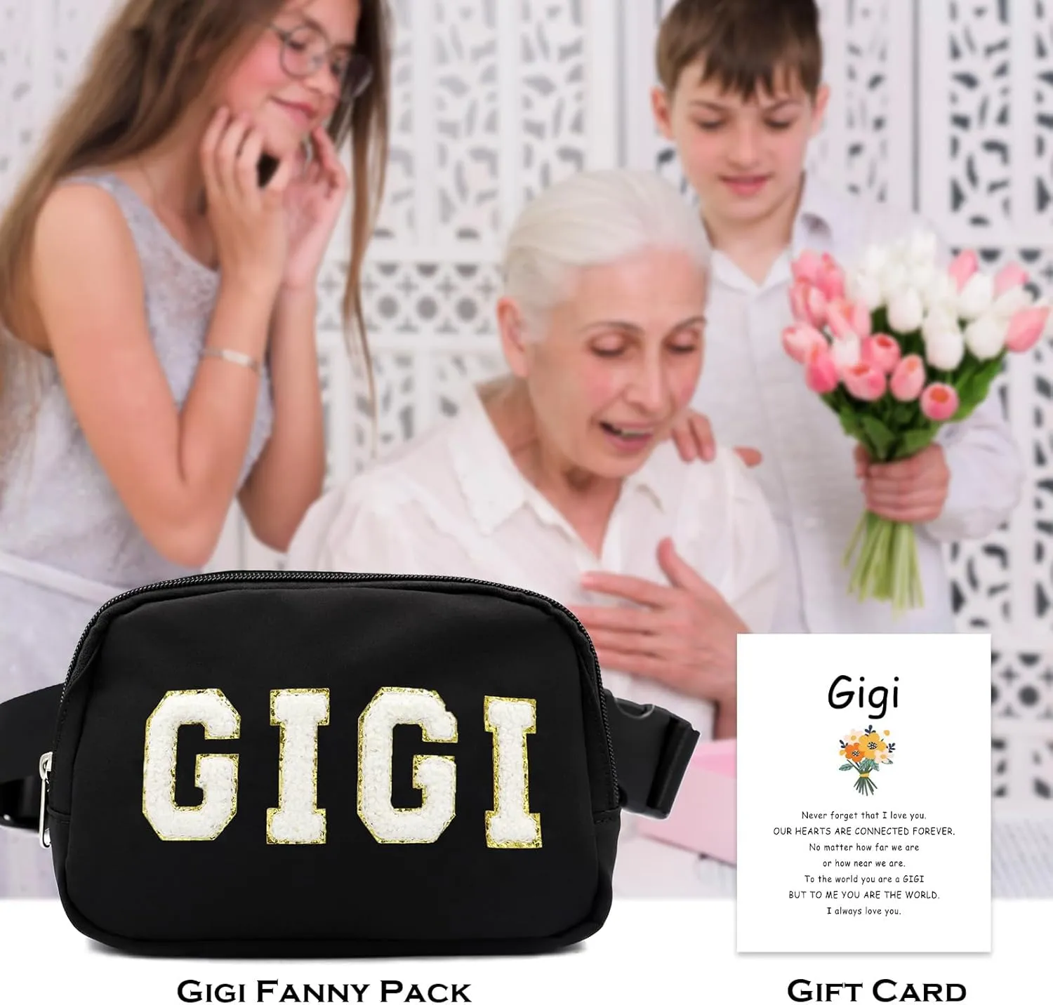 Lamyba Mothers Day Gifts for Gigi, Waterproof Adjustable Fanny Pack for Women, GIGI Gifts for Grandma Crossbody Waist Bag, Black