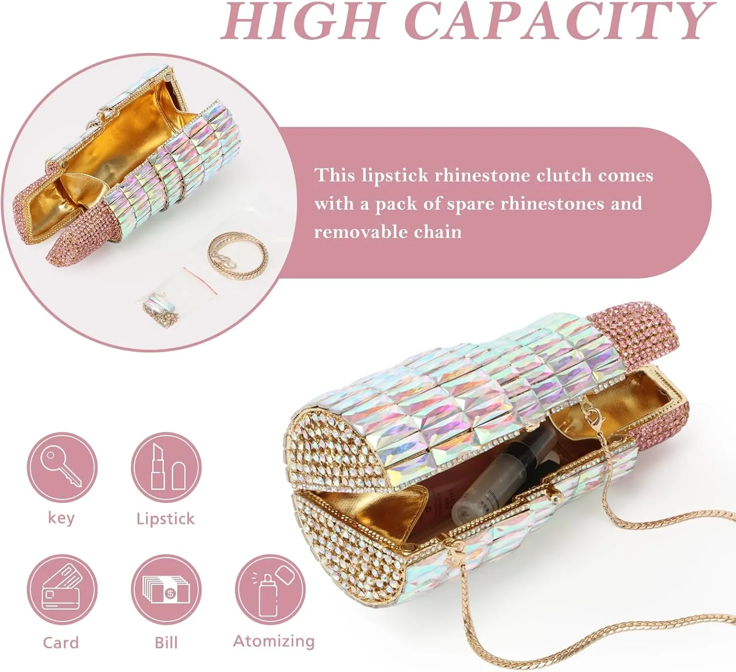 Lanpet Women Crystal Rhinestone Evening Bags Lipstick Shape Clutch Purses Vintage Wedding Party Banquet Handbag