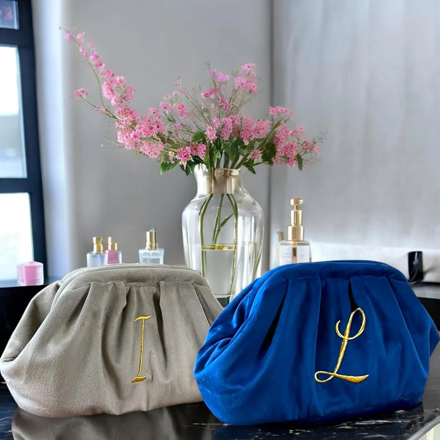 Large Personalized Makeup Bag Velvet Cosmetic Bag with Initials Travel Toiletry Bag Monogrammed Clutch Gift for Women (S, Beige)