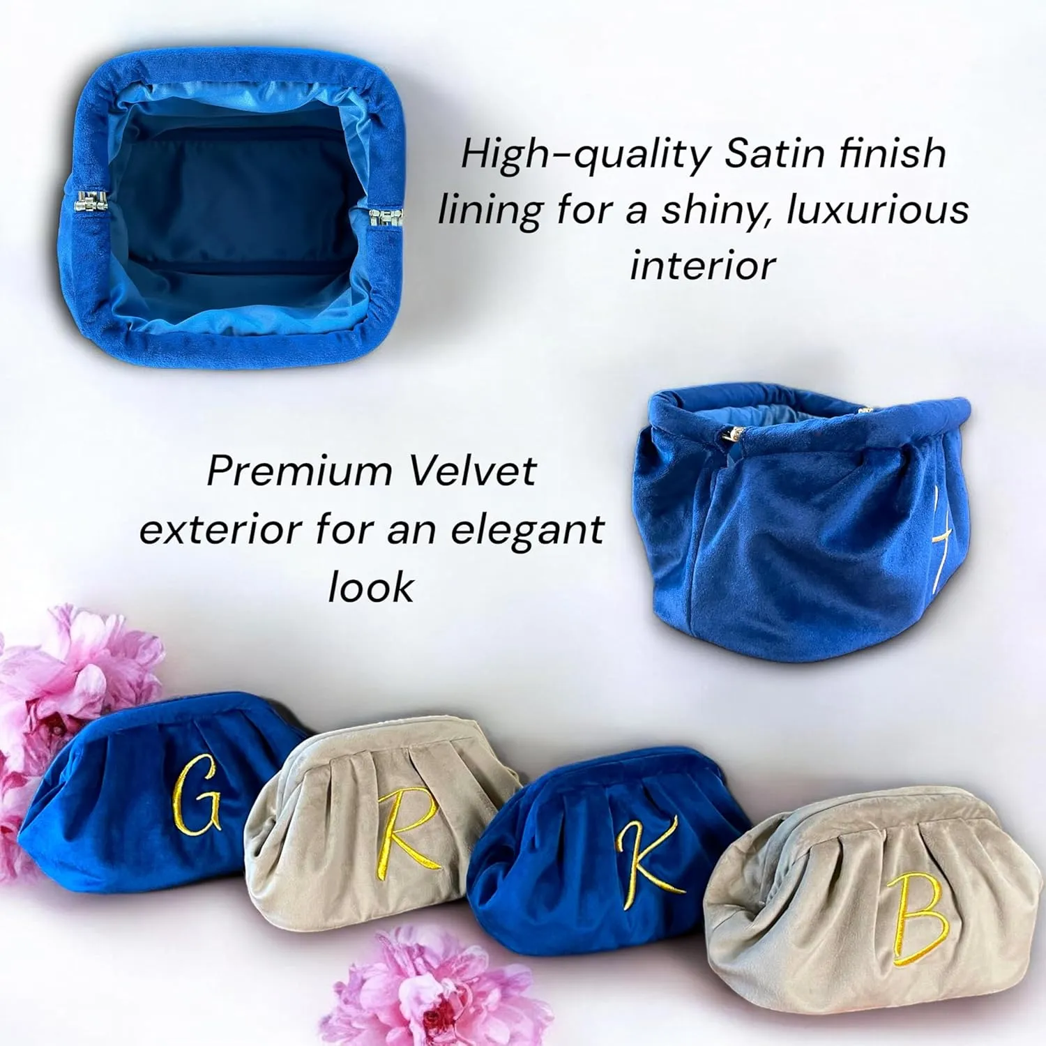 Large Personalized Makeup Bag Velvet Cosmetic Bag with Initials Travel Toiletry Bag Monogrammed Clutch Gift for Women (S, Beige)