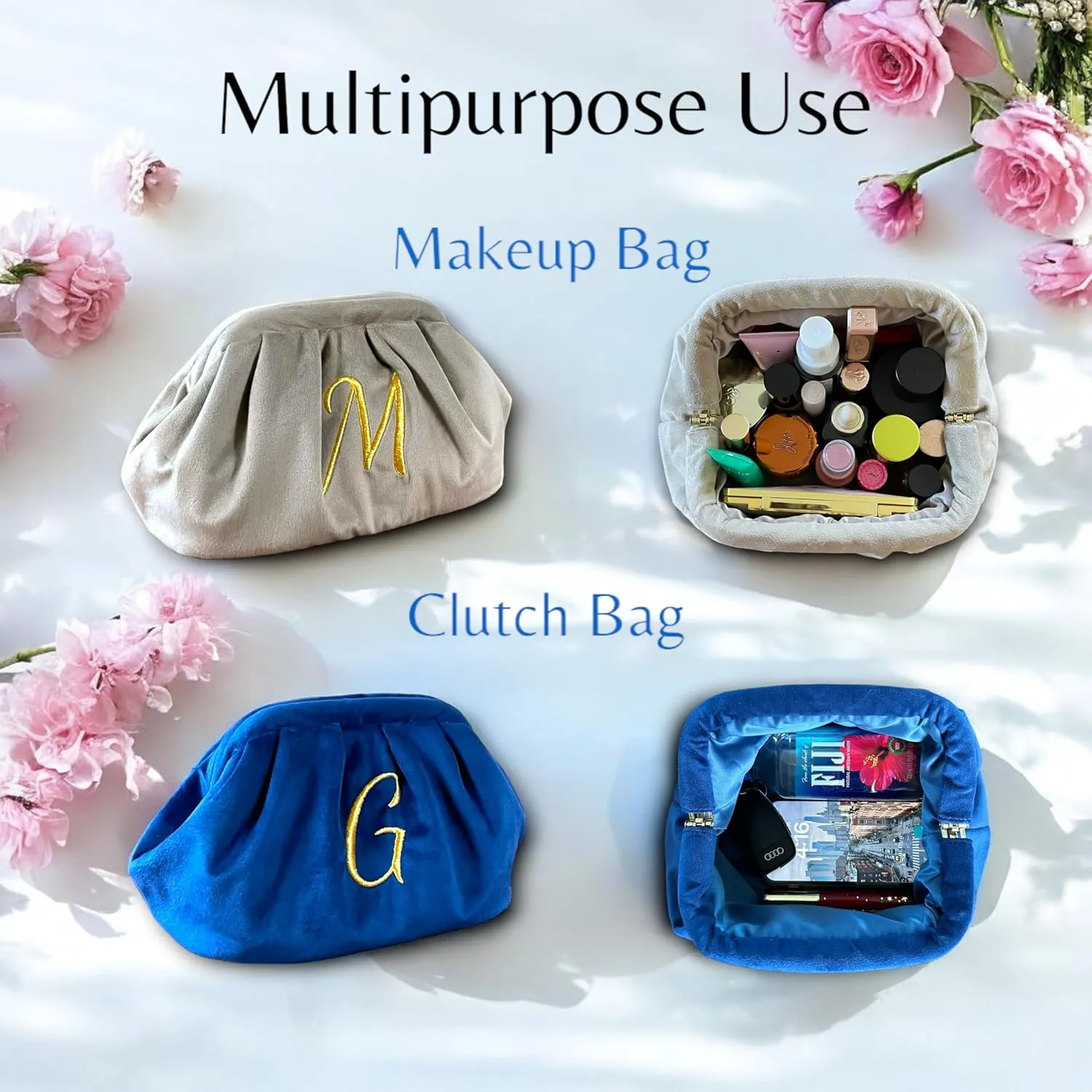 Large Personalized Makeup Bag Velvet Cosmetic Bag with Initials Travel Toiletry Bag Monogrammed Clutch Gift for Women (S, Beige)