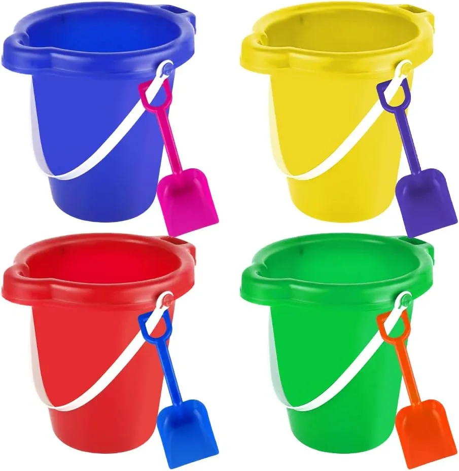 Large Sand Bucket Pail with Shovel, 7'' Size, 4 Pack, Plastic