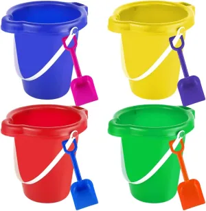 Large Sand Bucket Pail with Shovel, 7'' Size, 4 Pack, Plastic
