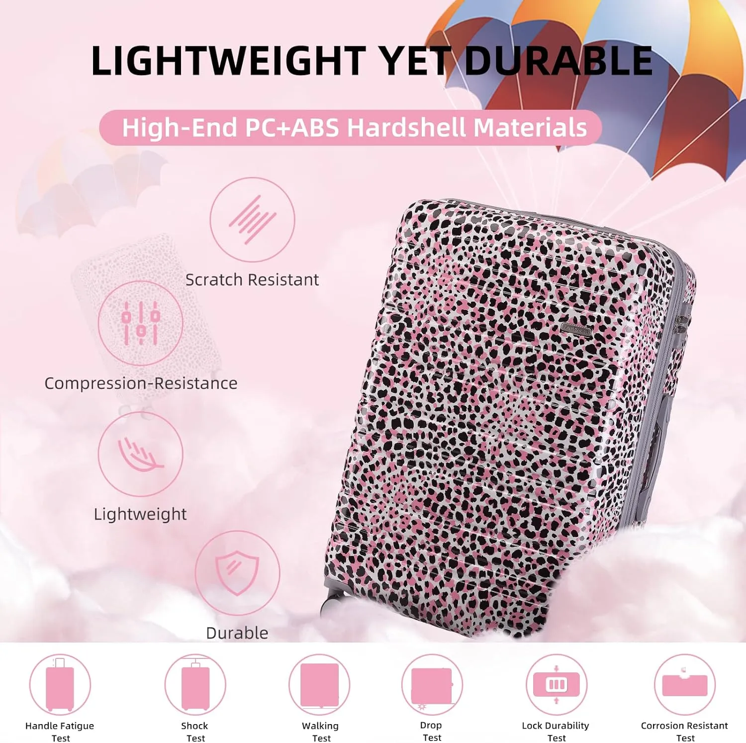 LARVENDER Luggage Sets 3 Piece, Hardside 20 IN Carry on Luggage Airline Approved PC ABS Suitcase Set with Spinner Wheels TSA Lock, Lightweight Rolling Suitcase for Men and Women, Leopard Pink