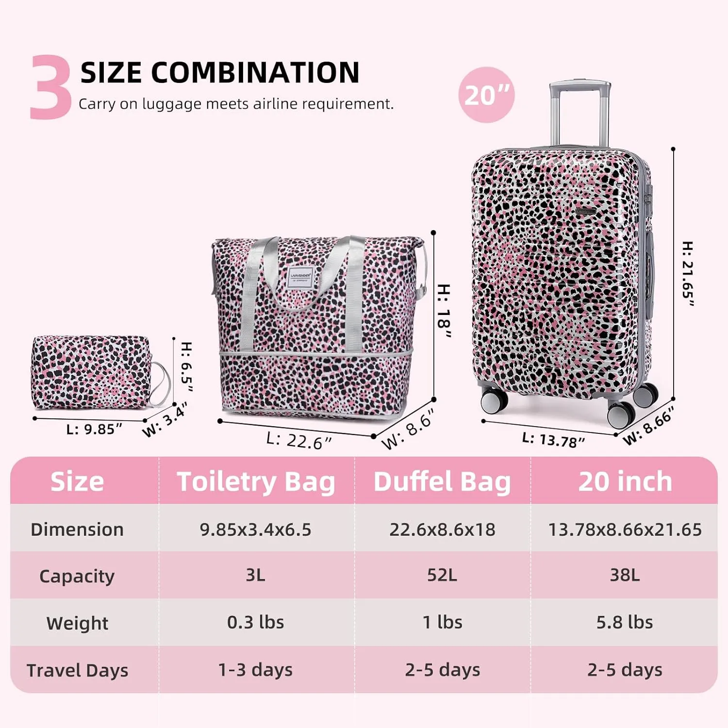 LARVENDER Luggage Sets 3 Piece, Hardside 20 IN Carry on Luggage Airline Approved PC ABS Suitcase Set with Spinner Wheels TSA Lock, Lightweight Rolling Suitcase for Men and Women, Leopard Pink