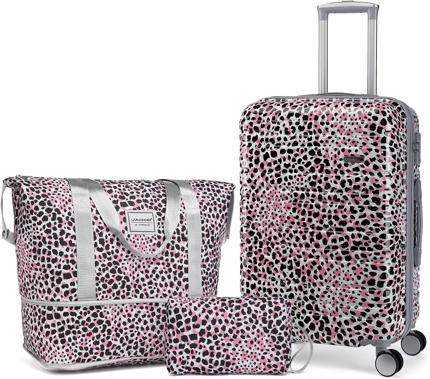 LARVENDER Luggage Sets 3 Piece, Hardside 20 IN Carry on Luggage Airline Approved PC ABS Suitcase Set with Spinner Wheels TSA Lock, Lightweight Rolling Suitcase for Men and Women, Leopard Pink