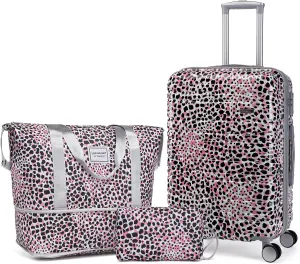 LARVENDER Luggage Sets 3 Piece, Hardside 20 IN Carry on Luggage Airline Approved PC ABS Suitcase Set with Spinner Wheels TSA Lock, Lightweight Rolling Suitcase for Men and Women, Leopard Pink