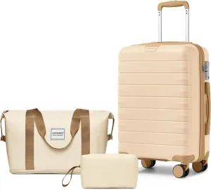 LARVENDER Luggage Sets 3 Piece with Duffel Bag Hardside PP Carry On Suitcase with 360° Spinner Wheels TSA Lock Luggage Sets for Women, Ivory Cream