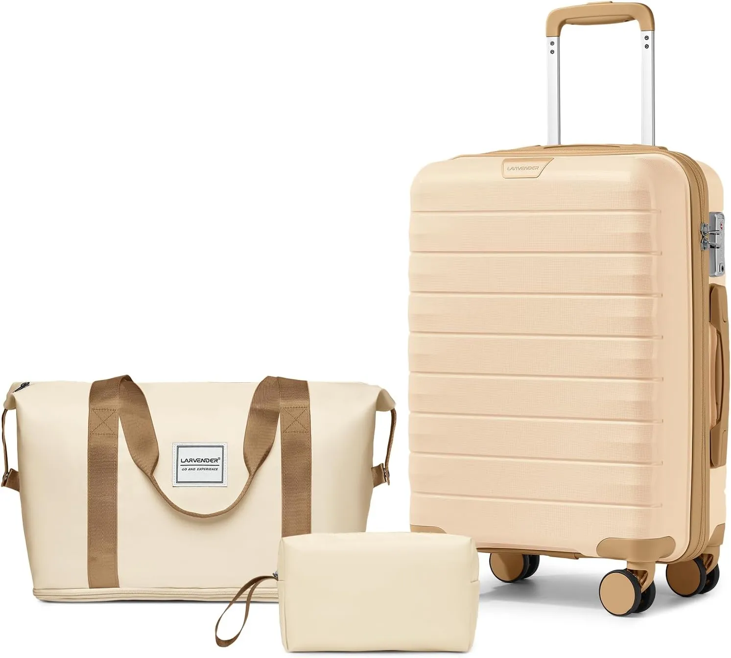 LARVENDER Luggage Sets 3 Piece with Duffel Bag Hardside PP Carry On Suitcase with 360° Spinner Wheels TSA Lock Luggage Sets for Women, Ivory Cream