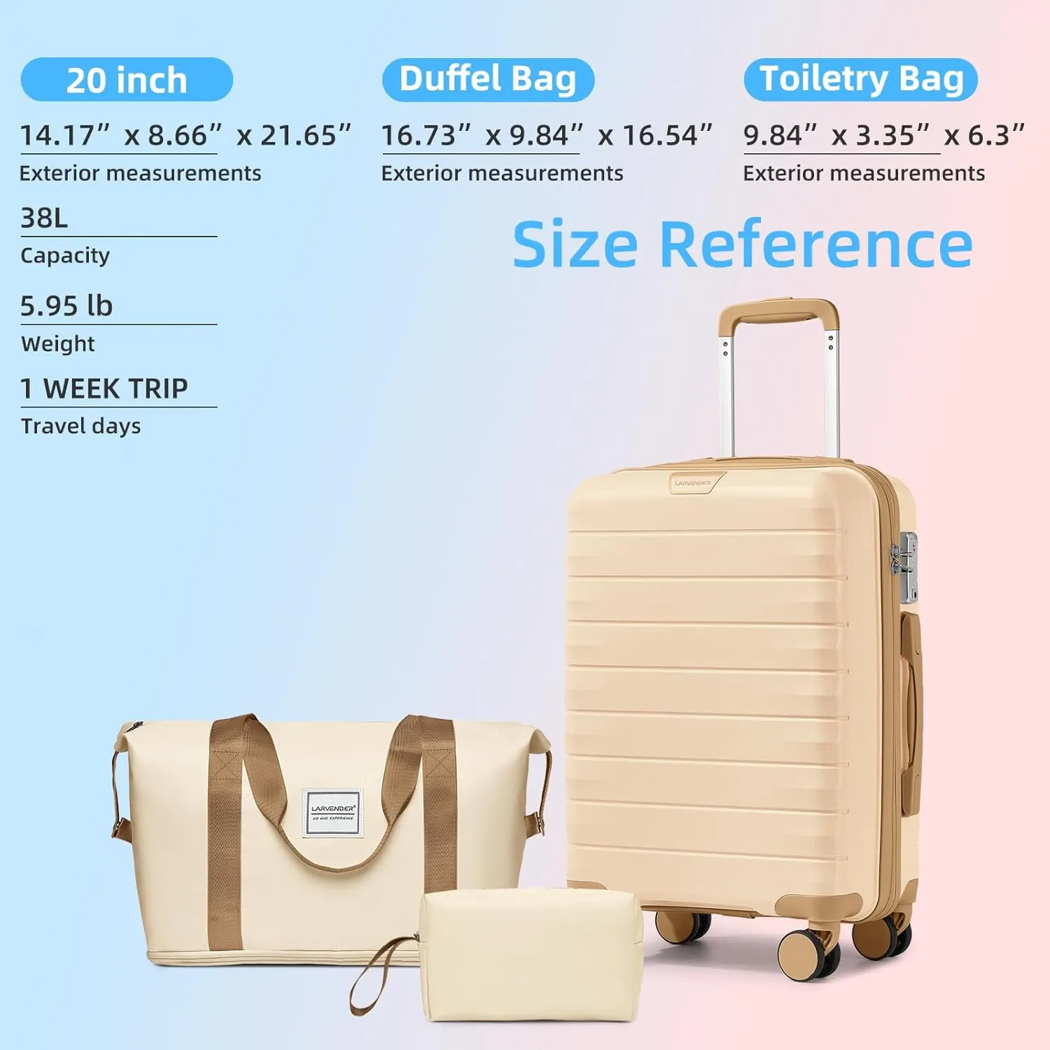 LARVENDER Luggage Sets 3 Piece with Duffel Bag Hardside PP Carry On Suitcase with 360° Spinner Wheels TSA Lock Luggage Sets for Women, Ivory Cream