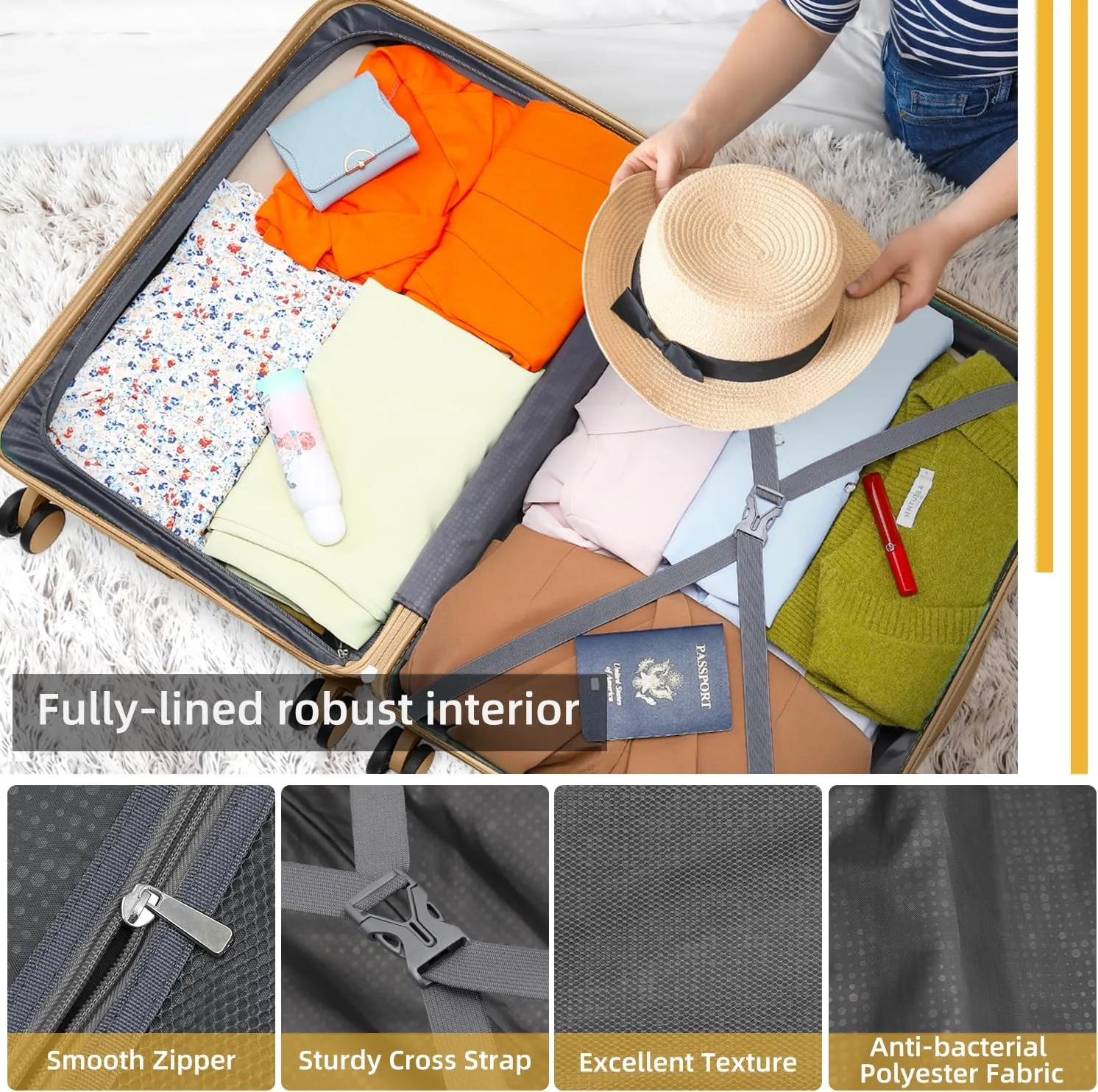 LARVENDER Luggage Sets 3 Piece with Duffel Bag Hardside PP Carry On Suitcase with 360° Spinner Wheels TSA Lock Luggage Sets for Women, Ivory Cream