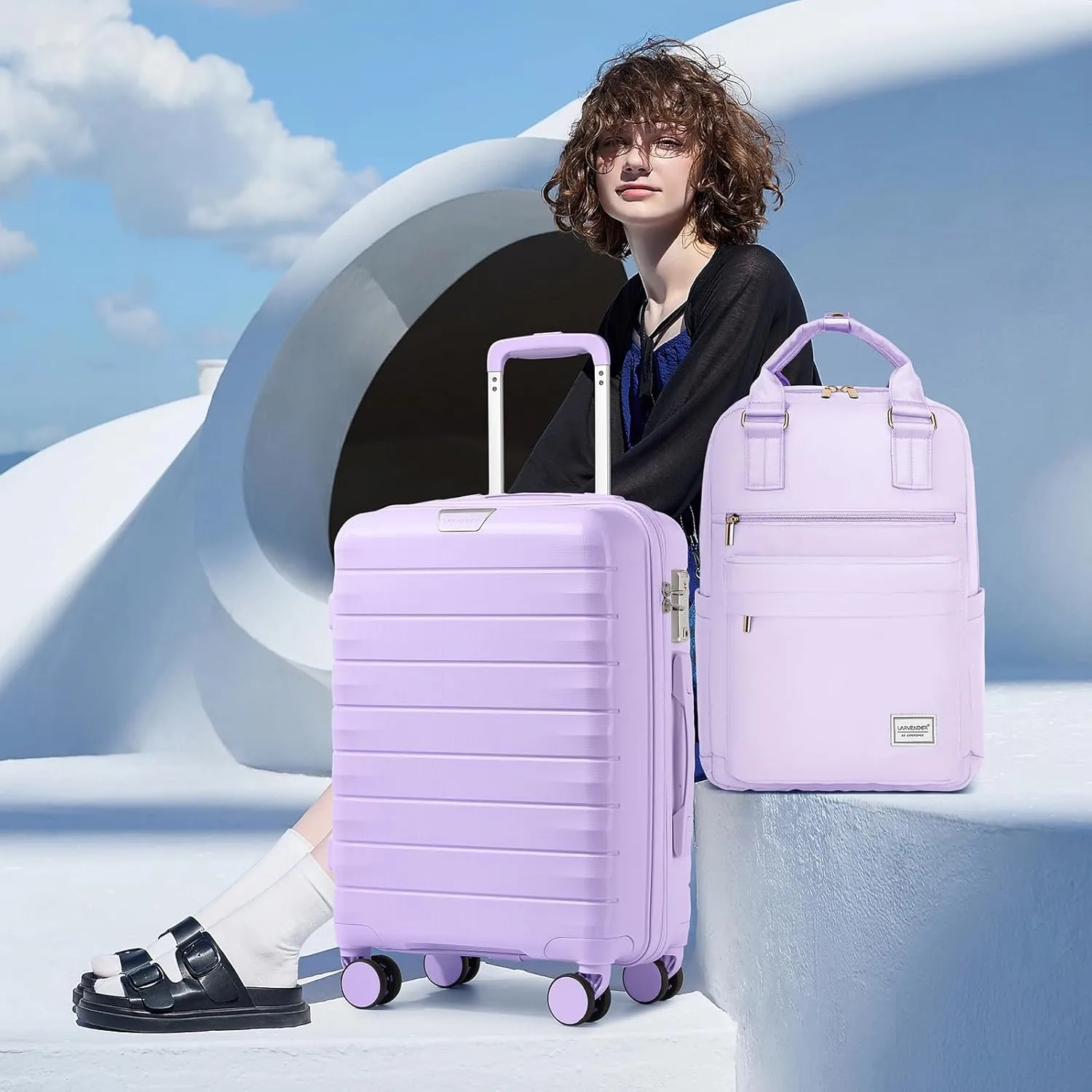 LARVENDER Luggage Sets 3 Piece with Travel Backpack Hardside PP Carry On Suitcase with 360° Spinner Wheels TSA Lock Luggage Sets for Women, Lavender