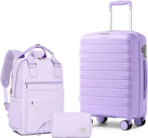 LARVENDER Luggage Sets 3 Piece with Travel Backpack Hardside PP Carry On Suitcase with 360° Spinner Wheels TSA Lock Luggage Sets for Women, Lavender
