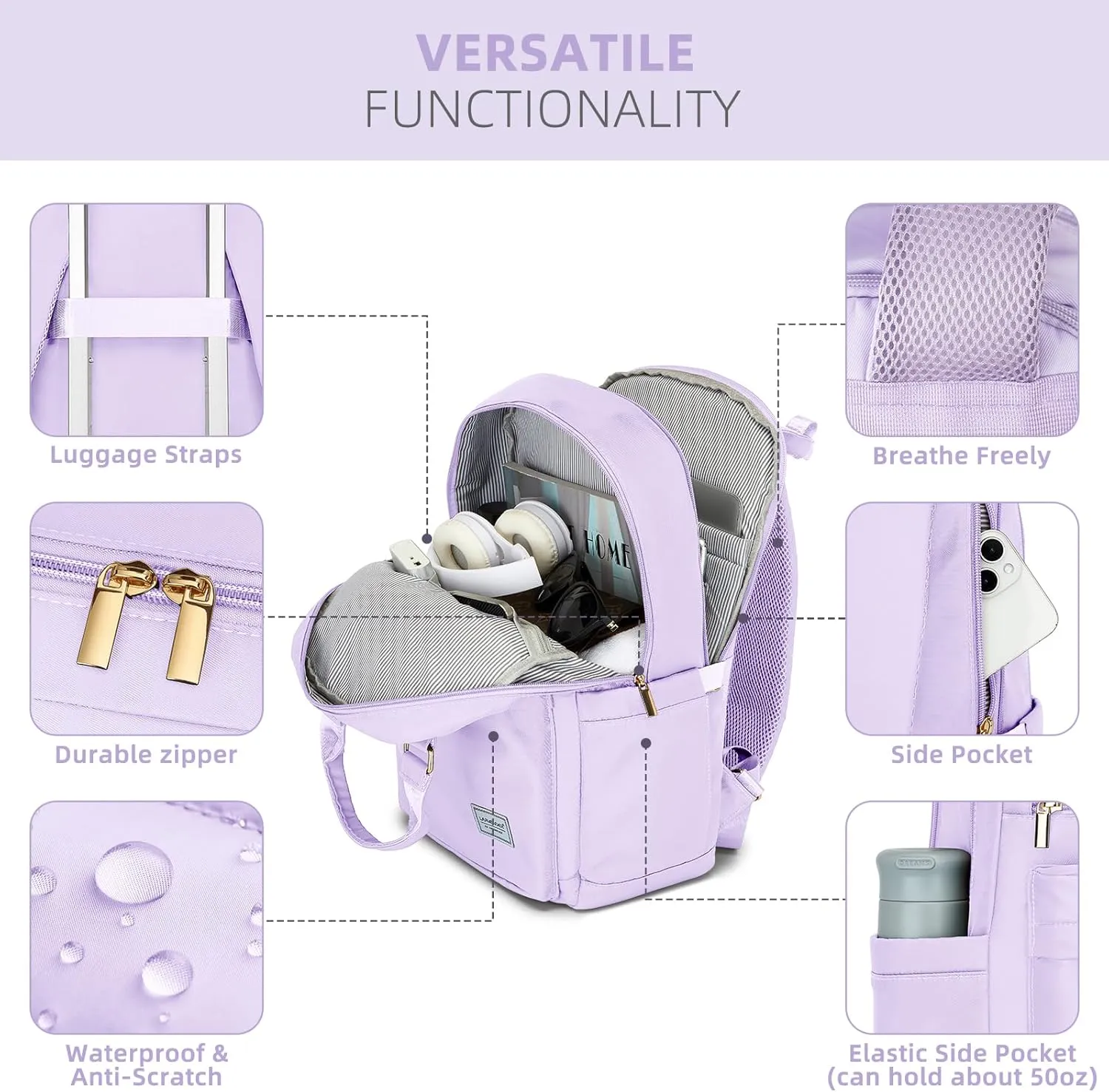 LARVENDER Luggage Sets 3 Piece with Travel Backpack Hardside PP Carry On Suitcase with 360° Spinner Wheels TSA Lock Luggage Sets for Women, Lavender
