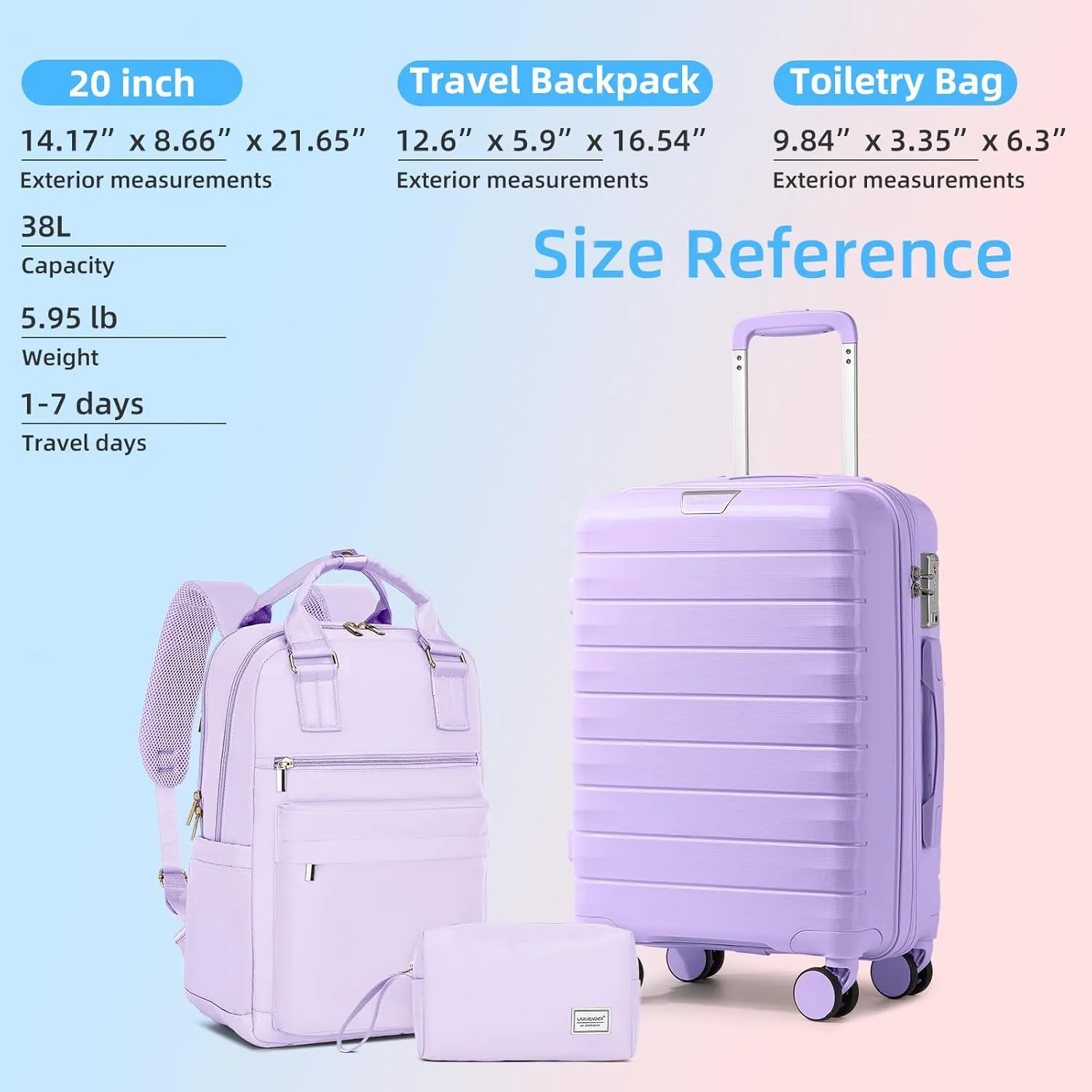 LARVENDER Luggage Sets 3 Piece with Travel Backpack Hardside PP Carry On Suitcase with 360° Spinner Wheels TSA Lock Luggage Sets for Women, Lavender