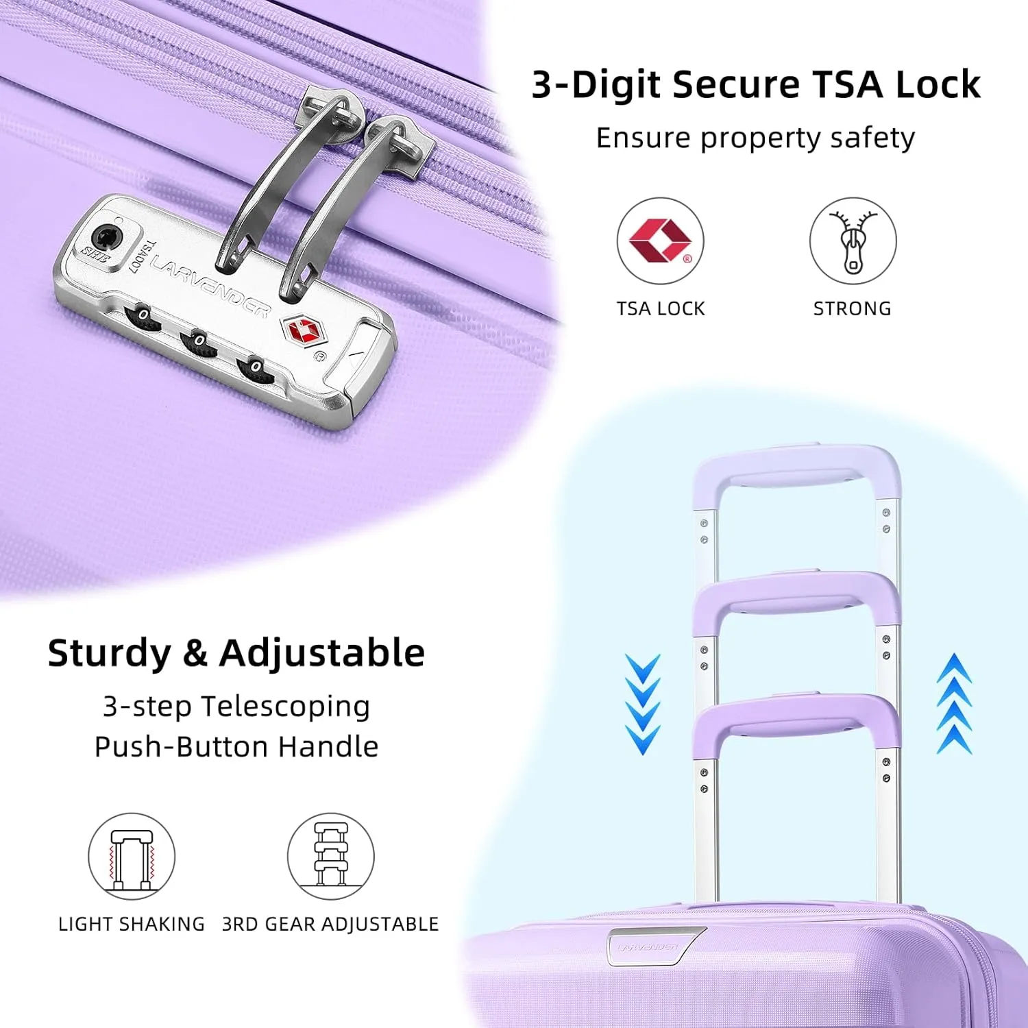 LARVENDER Luggage Sets 3 Piece with Travel Backpack Hardside PP Carry On Suitcase with 360° Spinner Wheels TSA Lock Luggage Sets for Women, Lavender