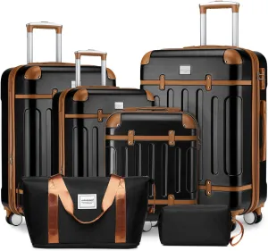LARVENDER Luggage Sets 6 Piece, Expandable Luggage Hardshell Suitcase Sets with Spinner Wheels TSA Locks, Vintage Travel Luggage Set Clearance for Men and Women, Black Brown