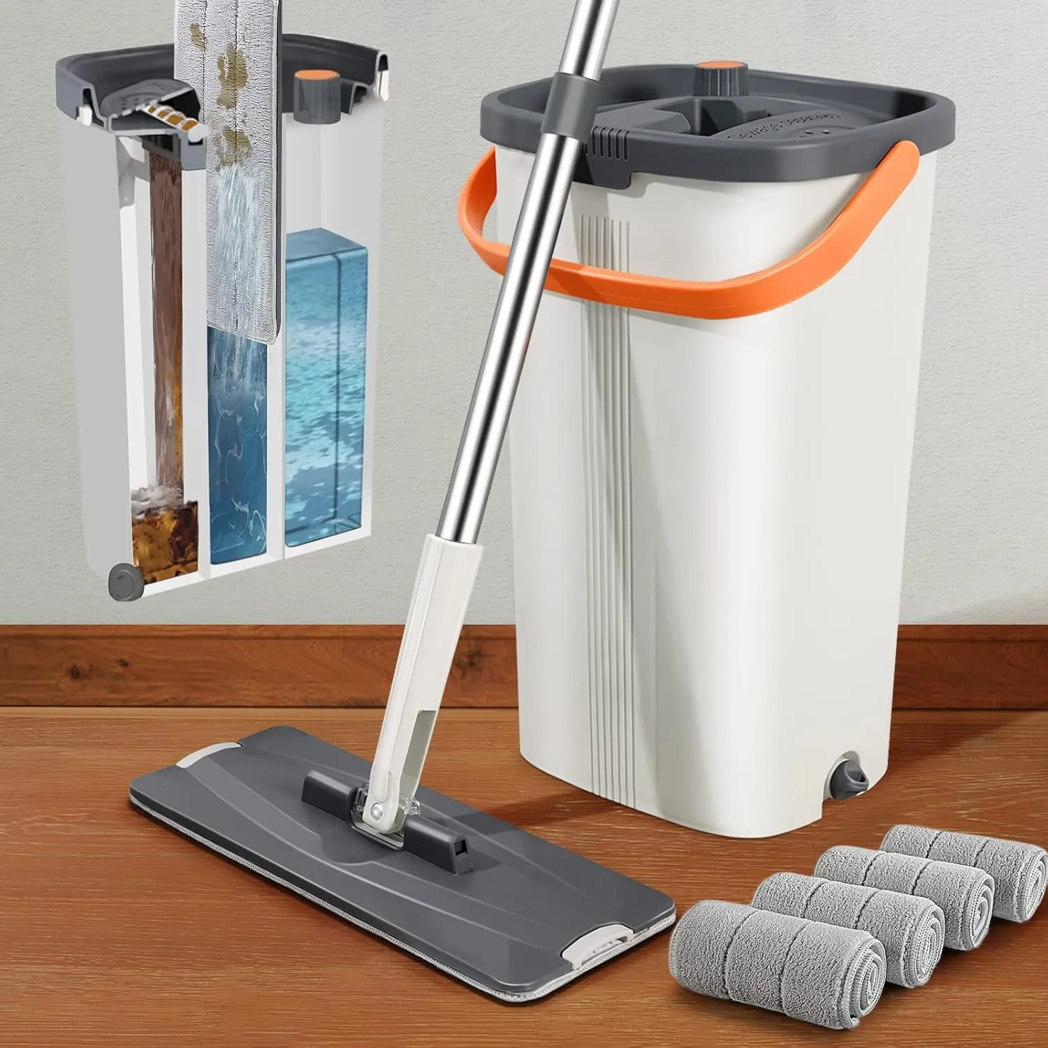 Lascpt Flat Mop and Bucket with Wringer Set, 3-Chamber Design Separates Dirty and Clean Water, Wet and Dry Use, Automatic Wringing Home Floor Wall Cleaning Mop, 4 Reusable Microfiber Mop Pads