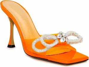 LauraVicci Women's Heeled Bow Mules Clear Sandals Square Open Toe Rhinestone Embellished Crystal Bowknot Transparent PVC Crystal Stiletto Slip On Evening Dress Party Wedding Shoes