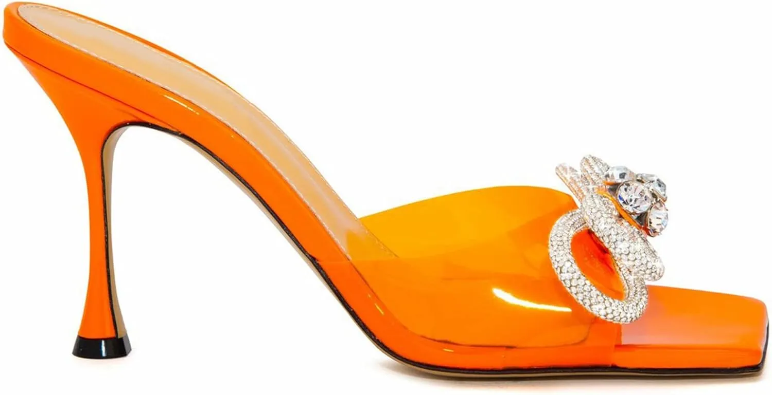 LauraVicci Women's Heeled Bow Mules Clear Sandals Square Open Toe Rhinestone Embellished Crystal Bowknot Transparent PVC Crystal Stiletto Slip On Evening Dress Party Wedding Shoes