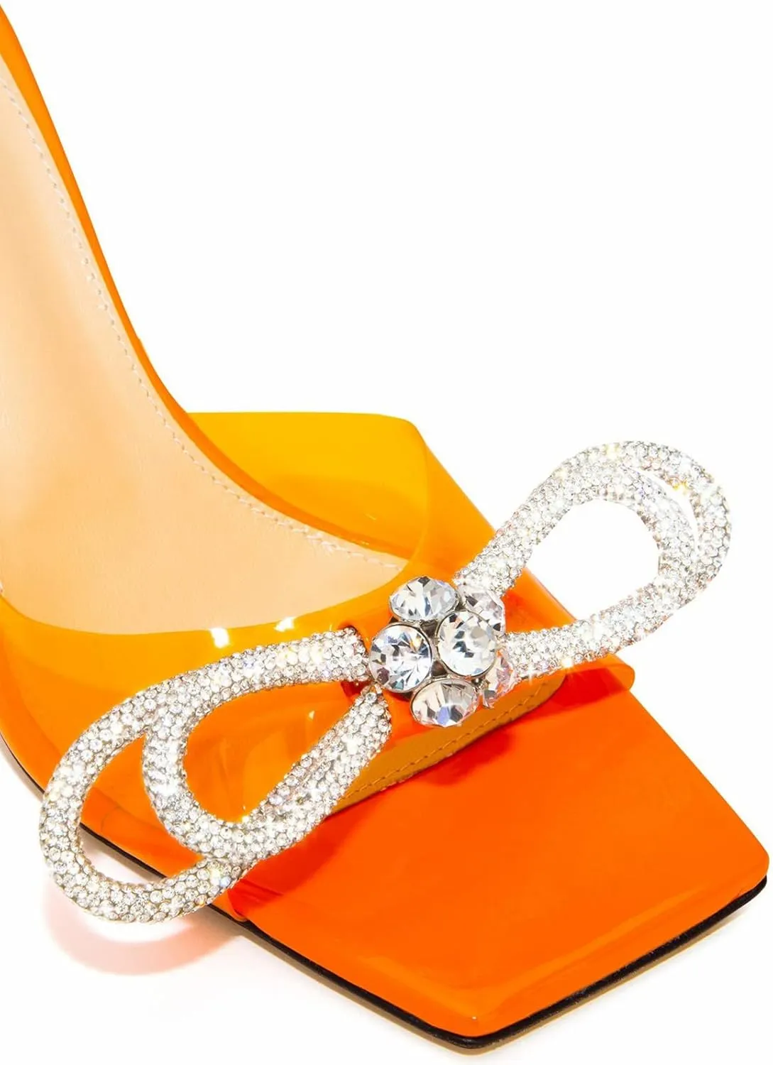 LauraVicci Women's Heeled Bow Mules Clear Sandals Square Open Toe Rhinestone Embellished Crystal Bowknot Transparent PVC Crystal Stiletto Slip On Evening Dress Party Wedding Shoes