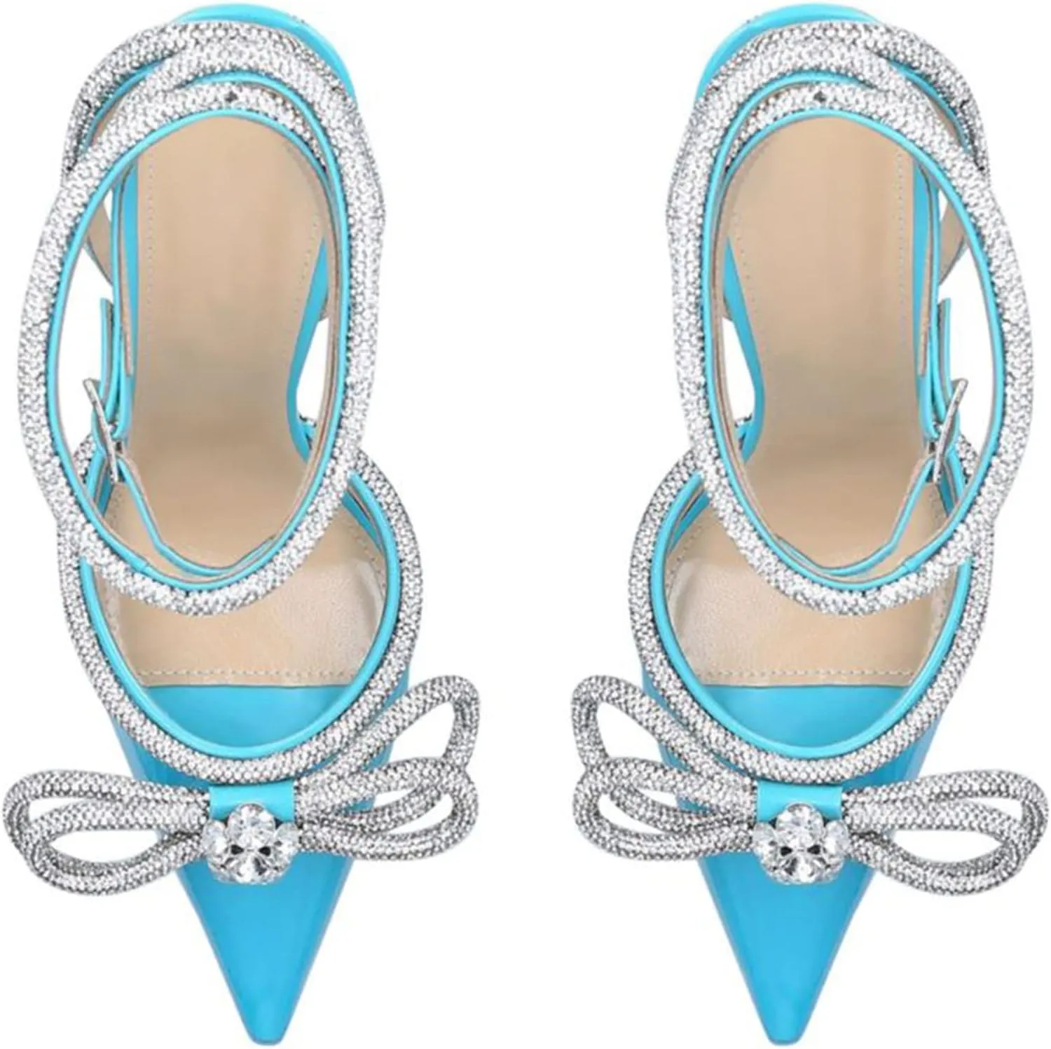 LauraVicci Women's Heeled Sandals Pointed Toe Crystal Embellished Bow Ankle Straps Rhinestone Buckle Stiletto Slip On Evening Dress Party Wedding Pumps Shoes