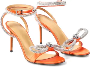LauraVicci Women's Heeled Sandals Round Open Toe Crystal Embellished Bow Ankle Straps Rhinestone Buckle Stiletto Slip On Evening Dress Party Wedding Shoes