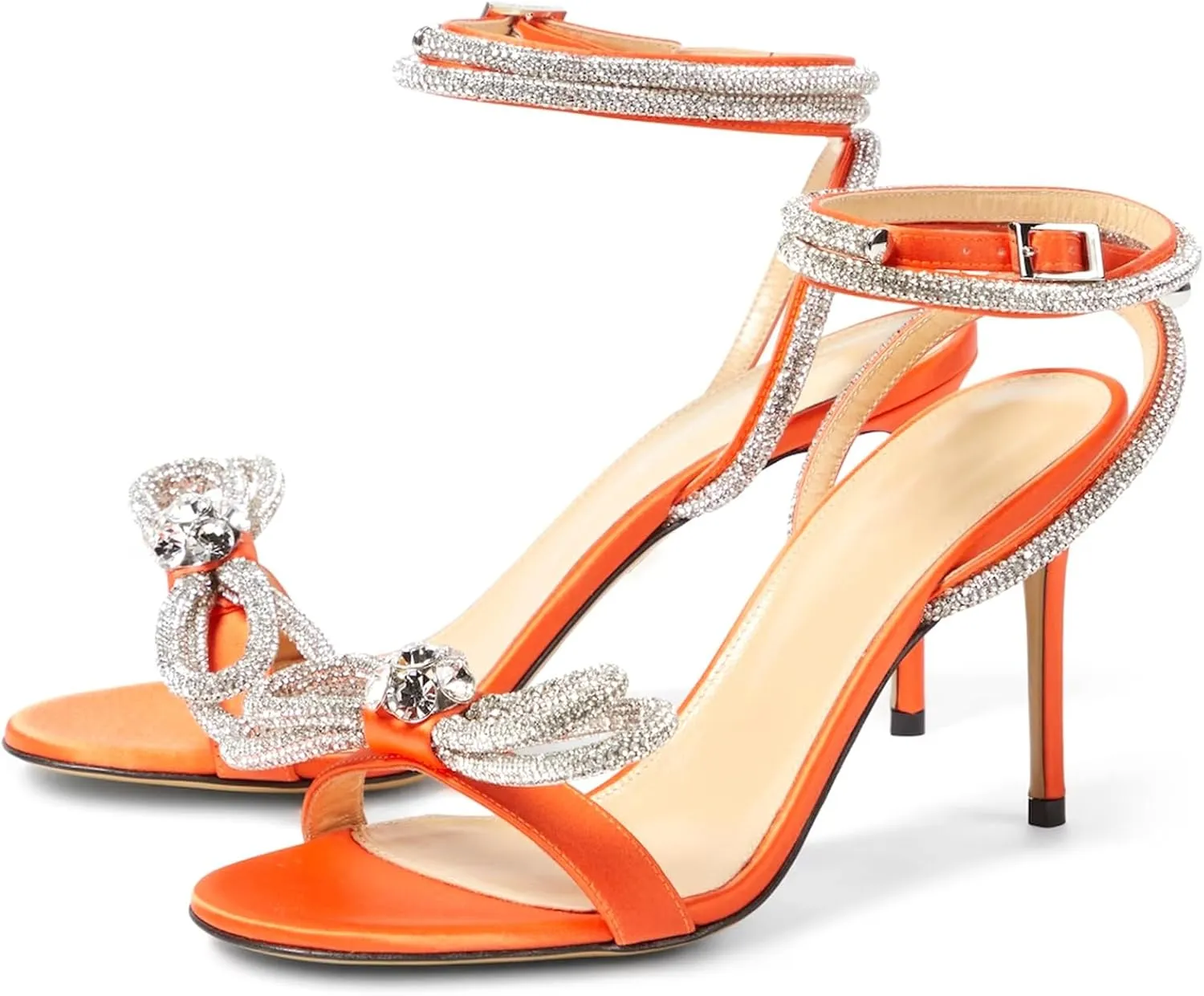 LauraVicci Women's Heeled Sandals Round Open Toe Crystal Embellished Bow Ankle Straps Rhinestone Buckle Stiletto Slip On Evening Dress Party Wedding Shoes