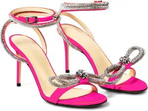 LauraVicci Women's Heeled Sandals Round Open Toe Crystal Embellished Bow Ankle Straps Rhinestone Buckle Stiletto Slip On Evening Dress Party Wedding Shoes