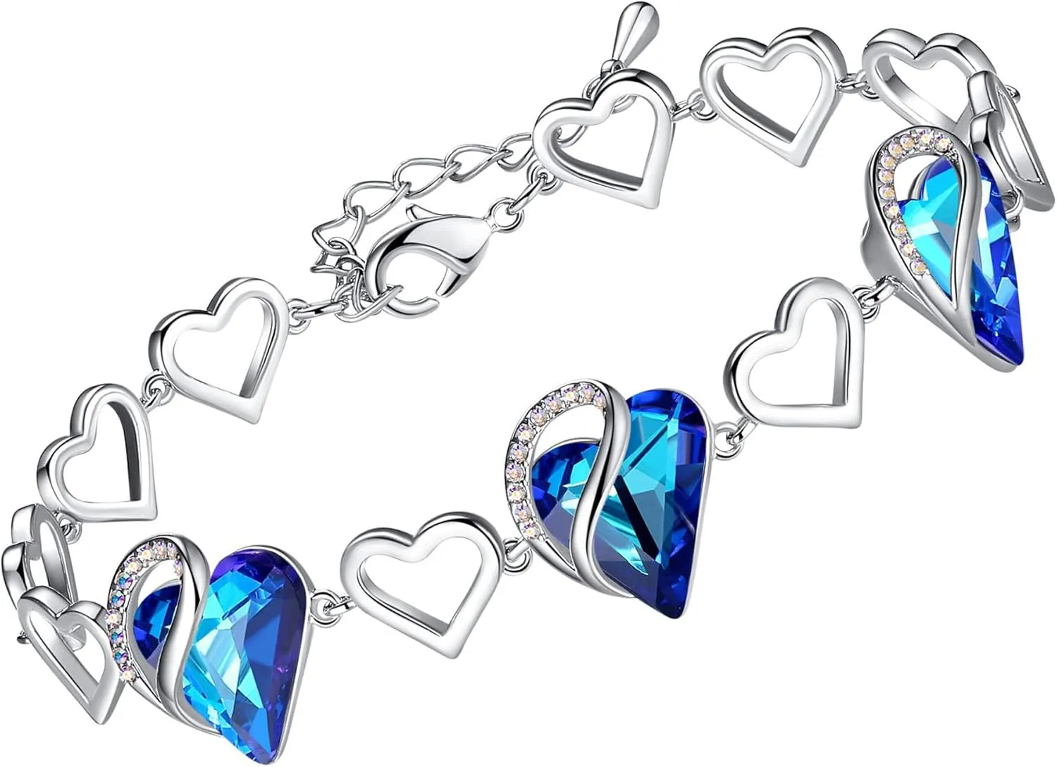Leafael Valentine's Day Heart Link Bracelets for Women, Infinity Love Birthstone Crystal Charms or Healing Stones, Silver Plated Jewelry Gifts for Her, 7-inch Chain and 2-inch Extender