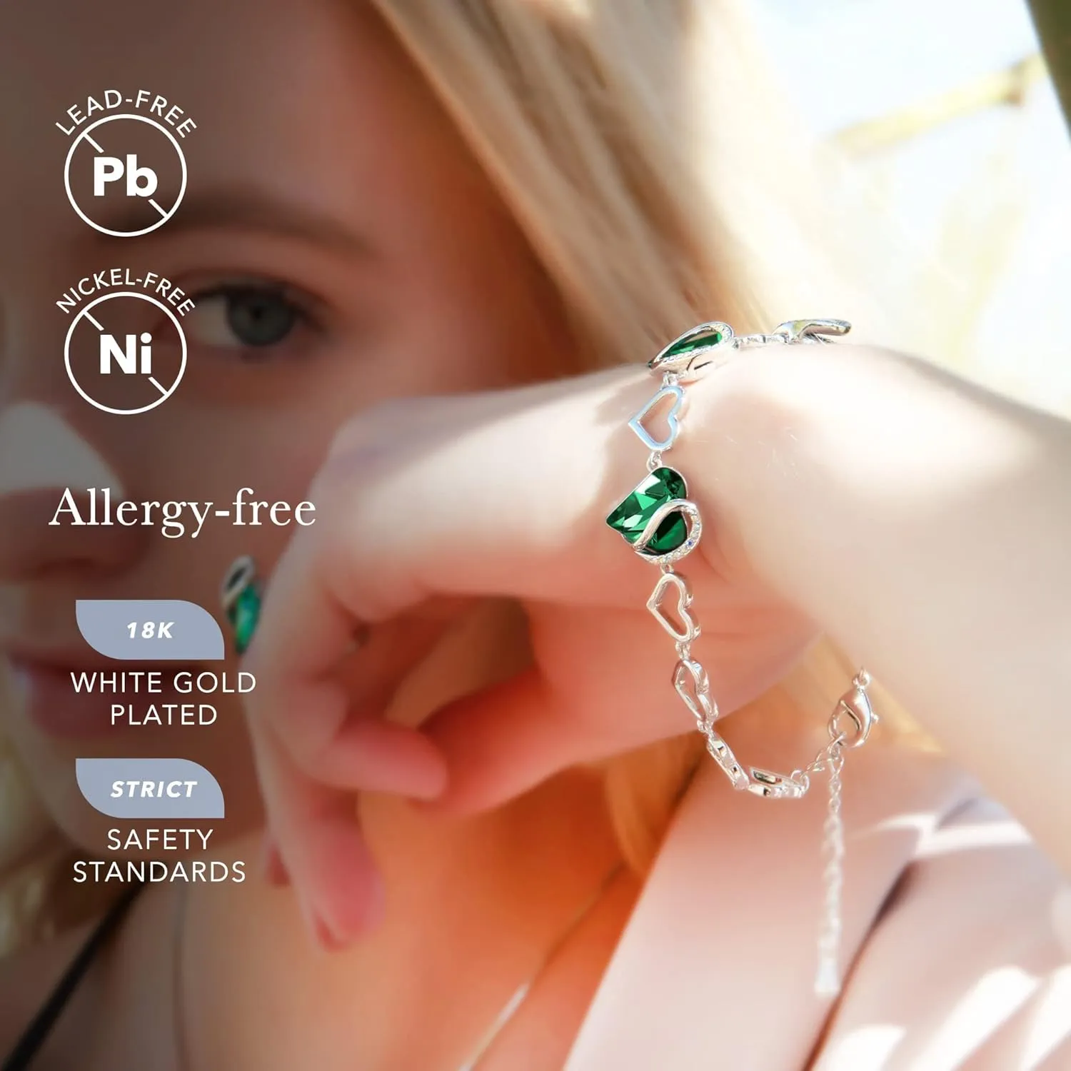 Leafael Valentine's Day Heart Link Bracelets for Women, Infinity Love Birthstone Crystal Charms or Healing Stones, Silver Plated Jewelry Gifts for Her, 7-inch Chain and 2-inch Extender