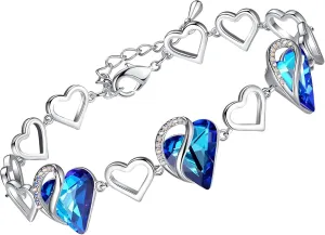 Leafael Valentine's Day Heart Link Bracelets for Women, Infinity Love Birthstone Crystal Charms or Healing Stones, Silver Plated Jewelry Gifts for Her, 7-inch Chain and 2-inch Extender