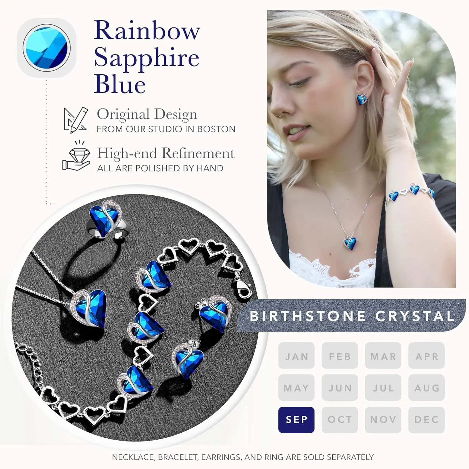 Leafael Valentine's Day Heart Link Bracelets for Women, Infinity Love Birthstone Crystal Charms or Healing Stones, Silver Plated Jewelry Gifts for Her, 7-inch Chain and 2-inch Extender