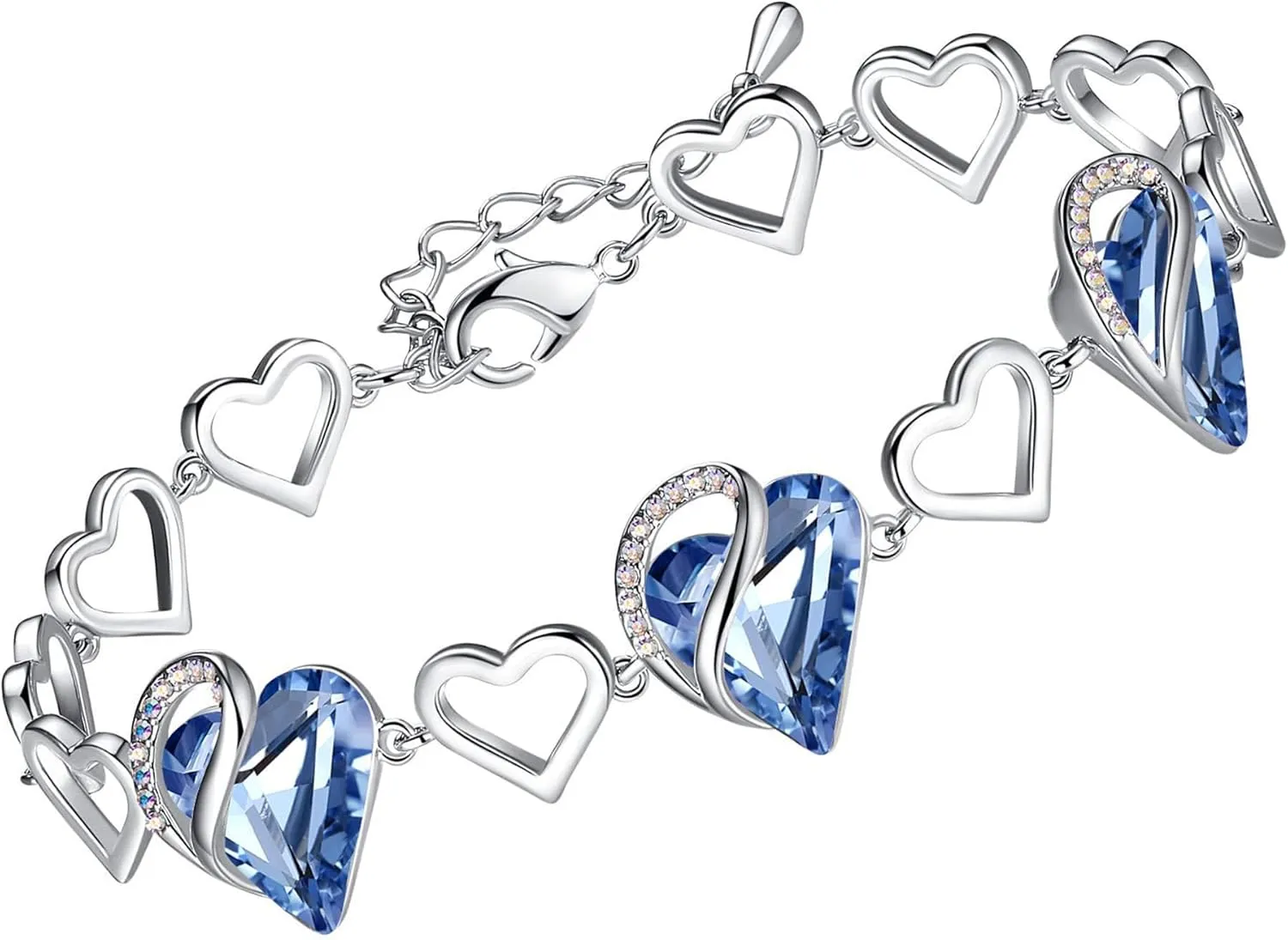 Leafael Valentine's Day Heart Link Bracelets for Women, Infinity Love Birthstone Crystal Charms or Healing Stones, Silver Plated Jewelry Gifts for Her, 7-inch Chain and 2-inch Extender