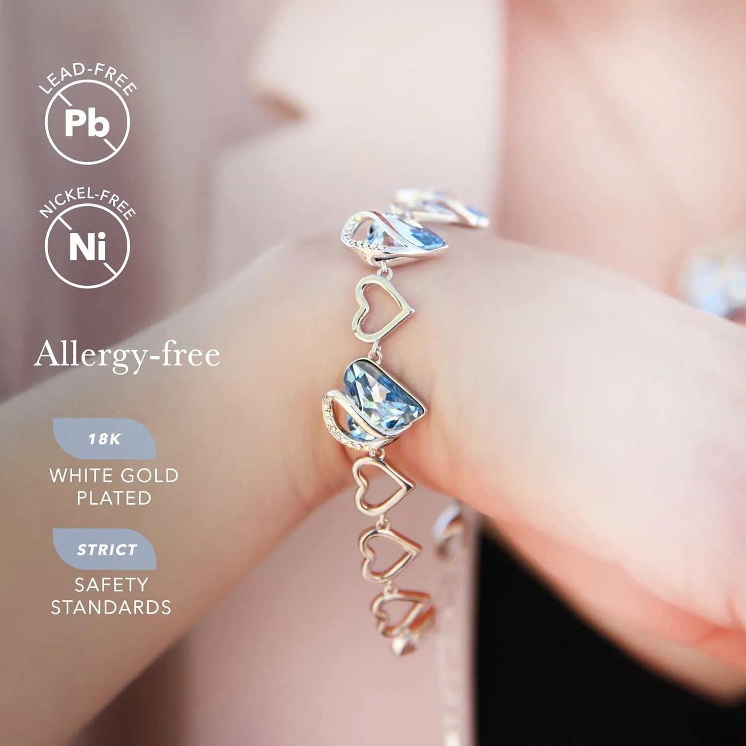 Leafael Valentine's Day Heart Link Bracelets for Women, Infinity Love Birthstone Crystal Charms or Healing Stones, Silver Plated Jewelry Gifts for Her, 7-inch Chain and 2-inch Extender