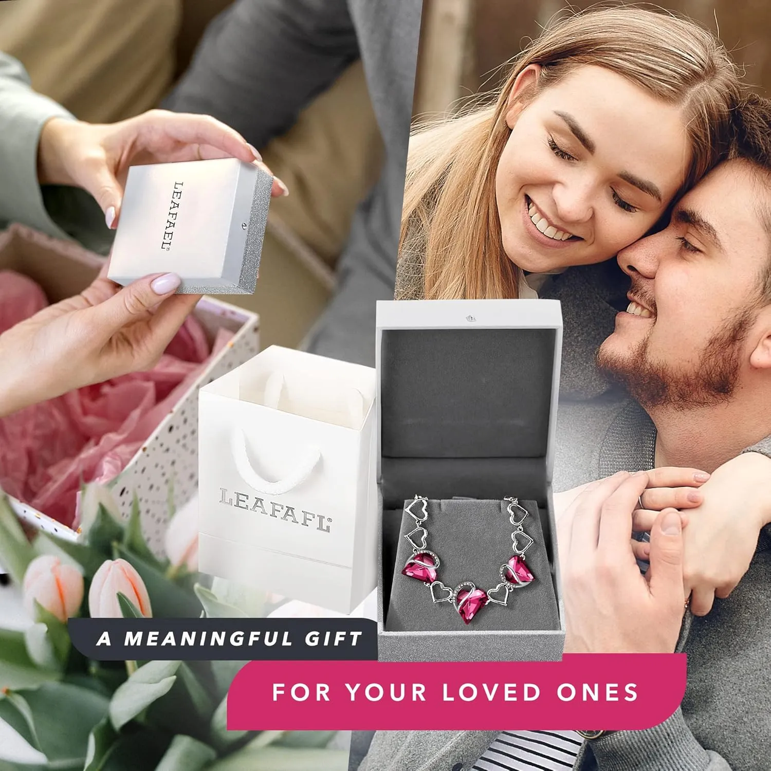 Leafael Valentine's Day Heart Link Bracelets for Women, Infinity Love Birthstone Crystal Charms or Healing Stones, Silver Plated Jewelry Gifts for Her, 7-inch Chain and 2-inch Extender