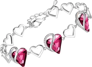 Leafael Valentine's Day Heart Link Bracelets for Women, Infinity Love Birthstone Crystal Charms or Healing Stones, Silver Plated Jewelry Gifts for Her, 7-inch Chain and 2-inch Extender