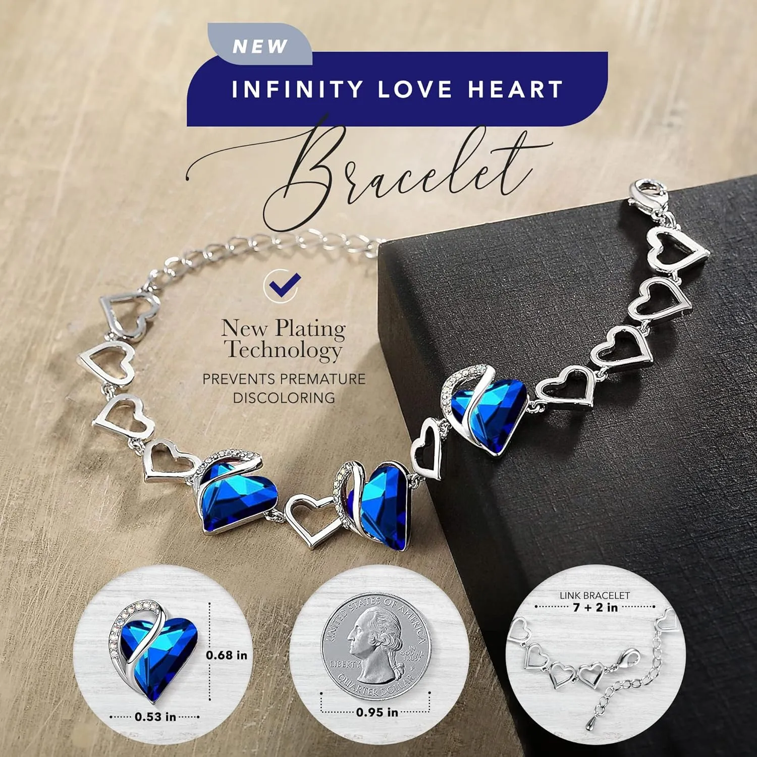 Leafael Valentine's Day Heart Link Bracelets for Women, Infinity Love Birthstone Crystal Charms or Healing Stones, Silver Plated Jewelry Gifts for Her, 7-inch Chain and 2-inch Extender