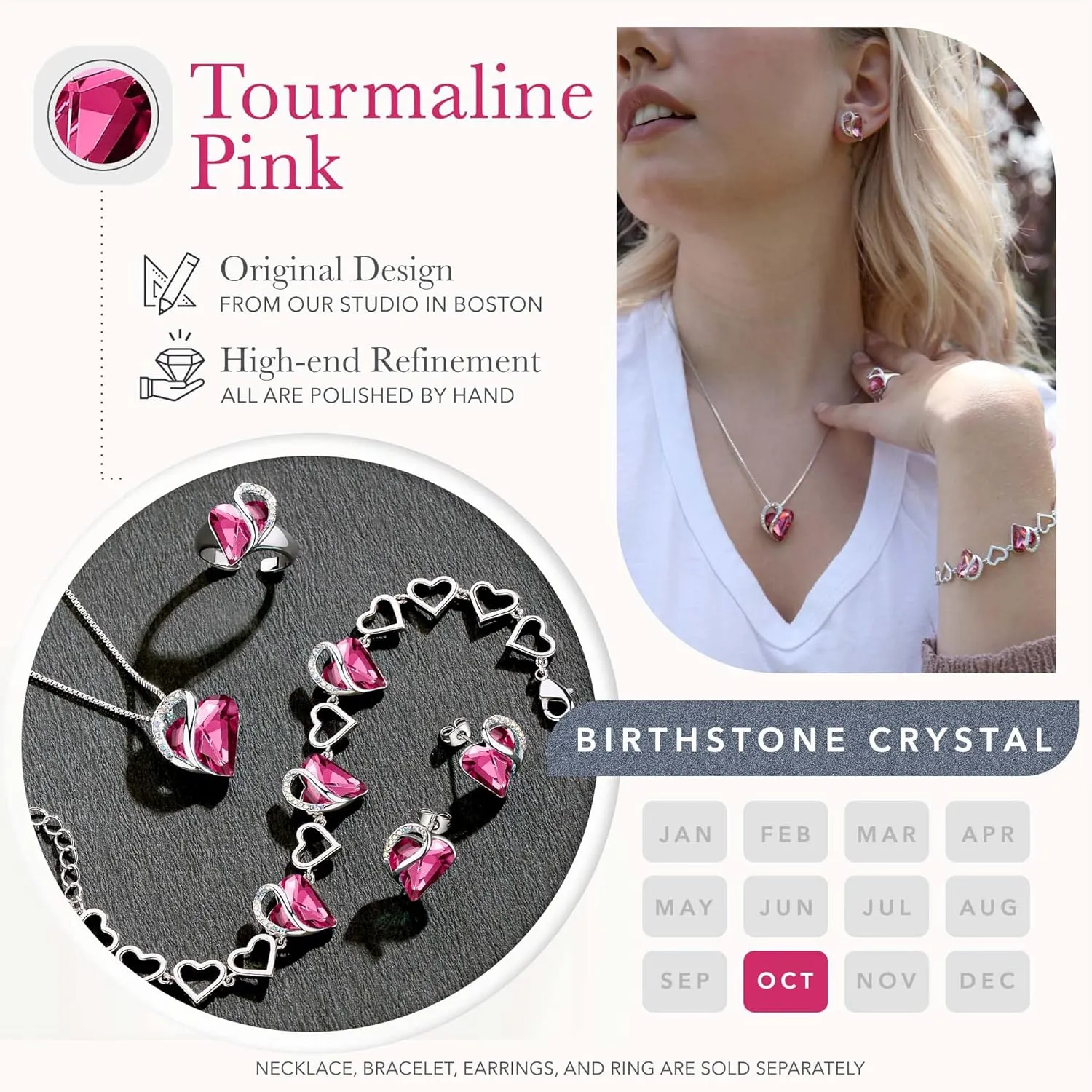 Leafael Valentine's Day Heart Link Bracelets for Women, Infinity Love Birthstone Crystal Charms or Healing Stones, Silver Plated Jewelry Gifts for Her, 7-inch Chain and 2-inch Extender